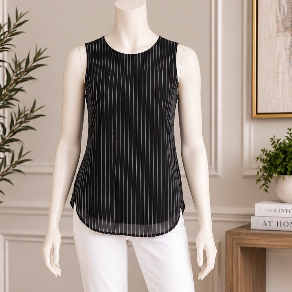 Theory Womens Sleeveless Top Black White Pinstripe V-Back Petite
